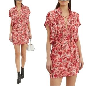 IRO Paris Releila Floral Print Mini Dress XS Tie Neck Short Sleeve Casual  2 34